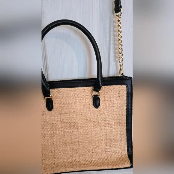 Victoria's Secret Structured Satchel Straw Tote Black Tan Women Crossbody NWOT - Picture 7 of 16